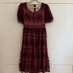 Ivy City Co Deep Red Lace Midi Dress